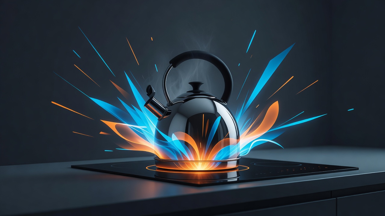 A kettle just before the boil on a quiet stove