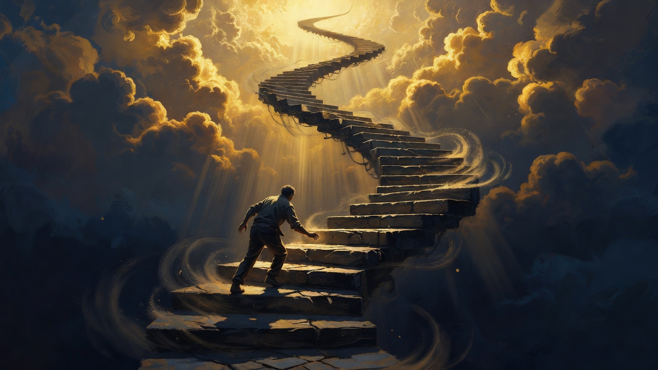 A lone figure climbing a spiral staircase that keeps building itself upward into golden clouds