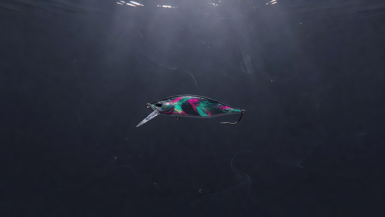 A single fishing lure glinting on a hook underwater in soft light