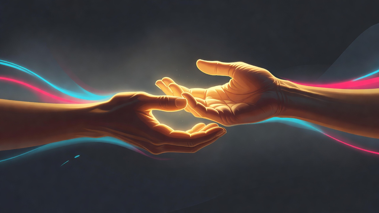 Two open hands mid-exchange passing a small glowing object between them