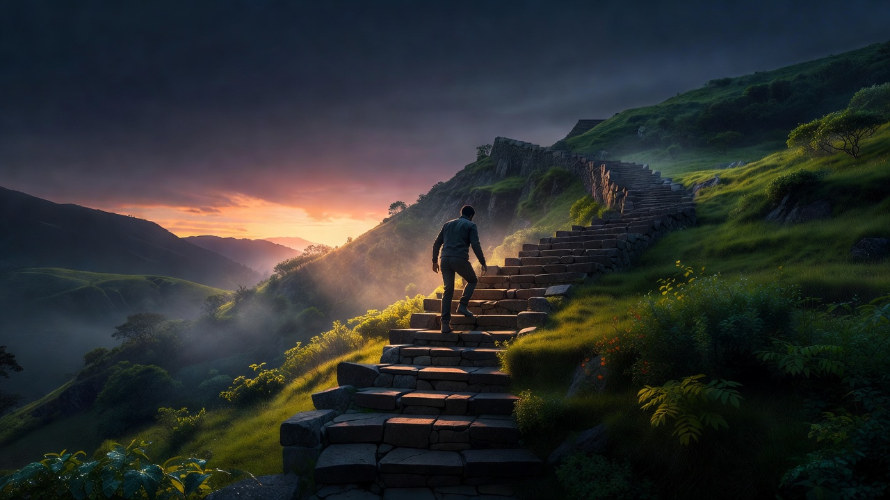 A single person climbing a long stone staircase carved into a green hillside at dawn