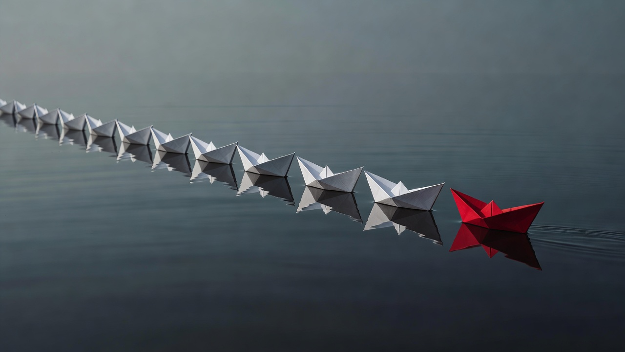 One red paper boat leading a line of white paper boats in a different direction on water