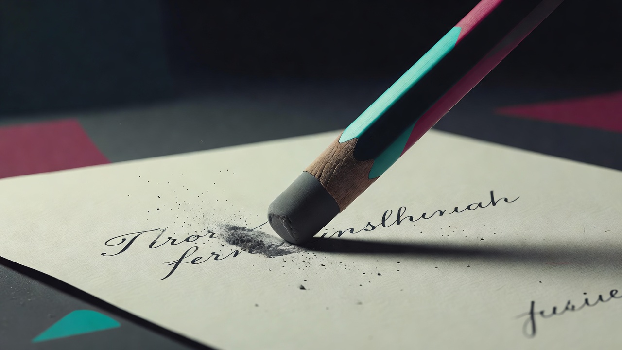 A pencil with a large eraser mid-erase on a page of handwriting