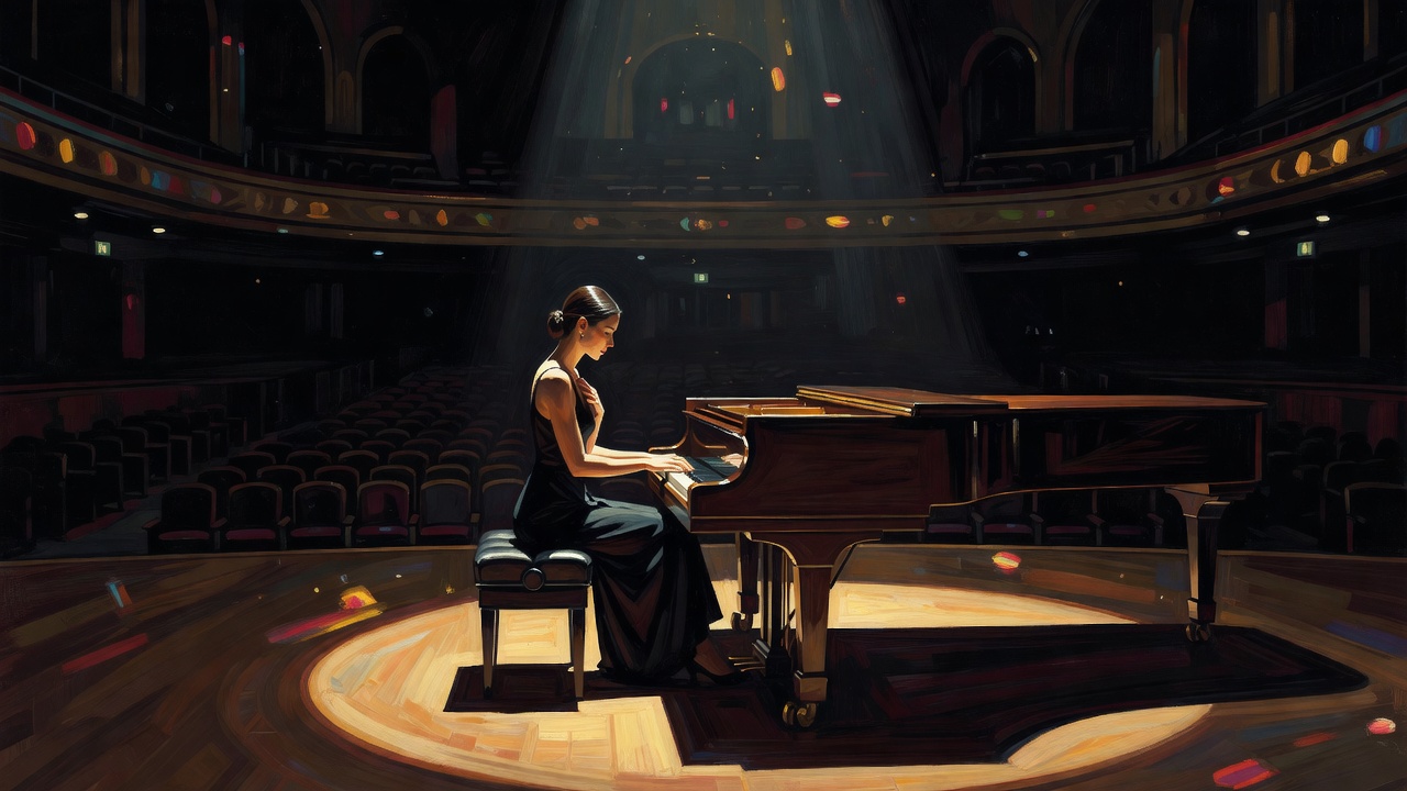 A woman alone at a piano in a dimly lit room, looking away from the audience toward a window