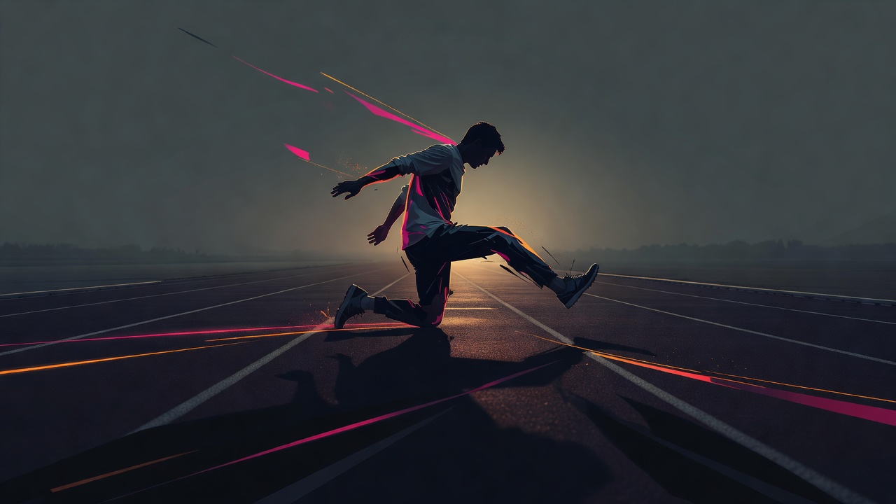 A person rising back up after a fall on a running track