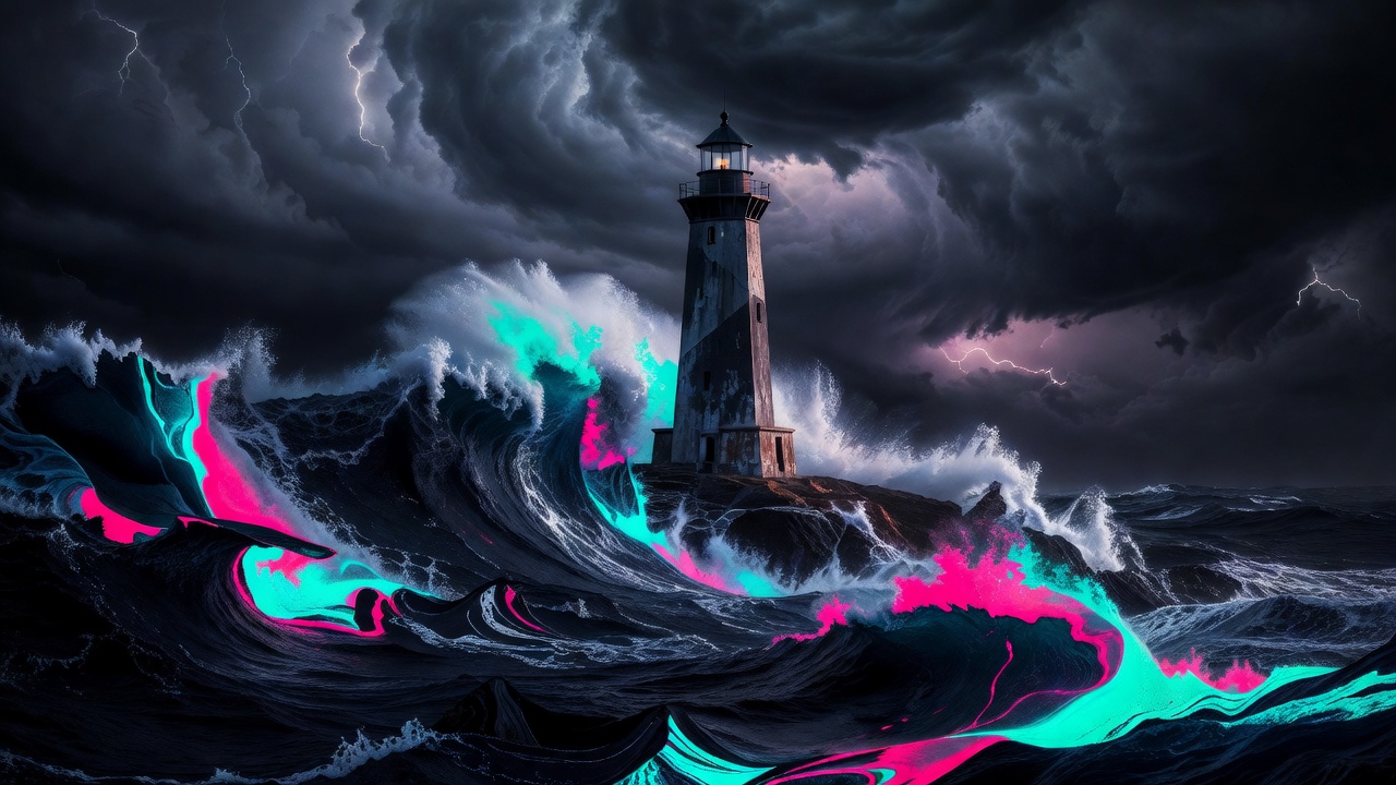 A lighthouse steady against a dark rolling sea
