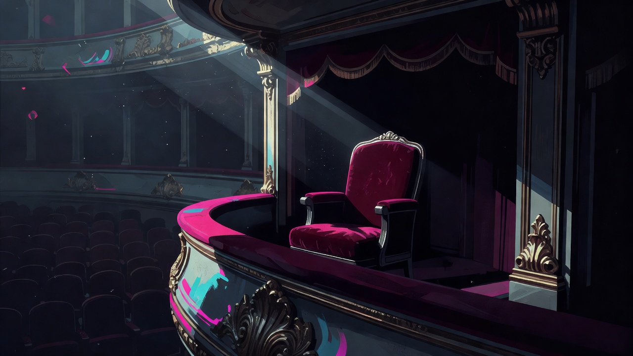 A single empty velvet seat in an ornate theater box overlooking dim rows below