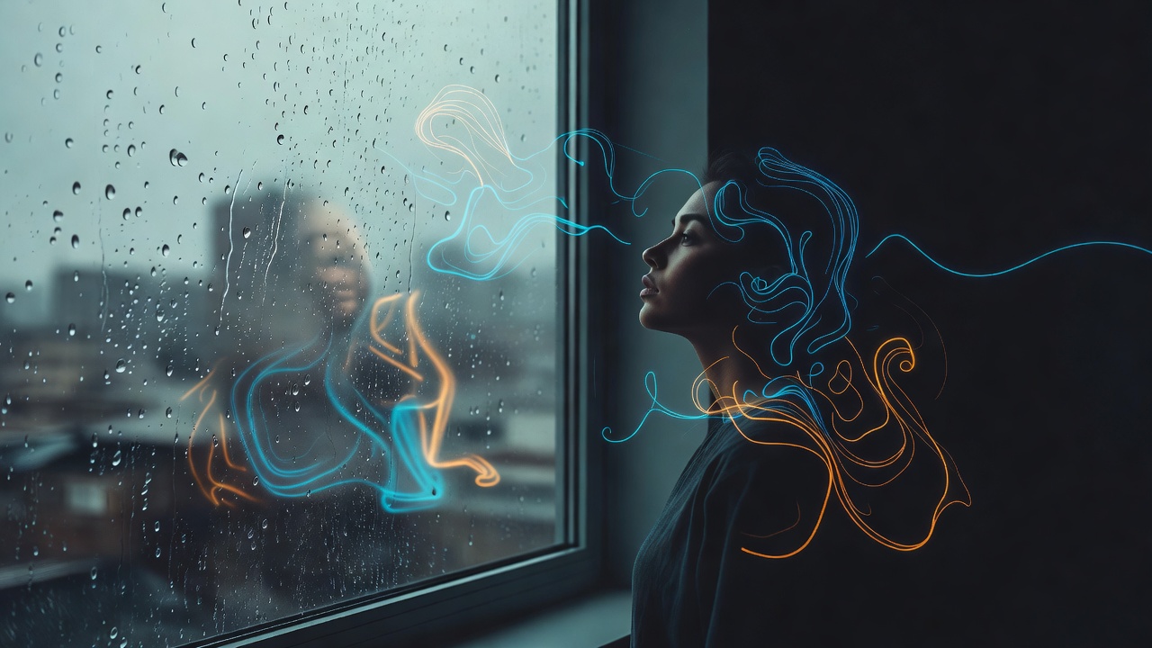 A person gazing out a rain-streaked window with faint sketched shapes forming in the reflection