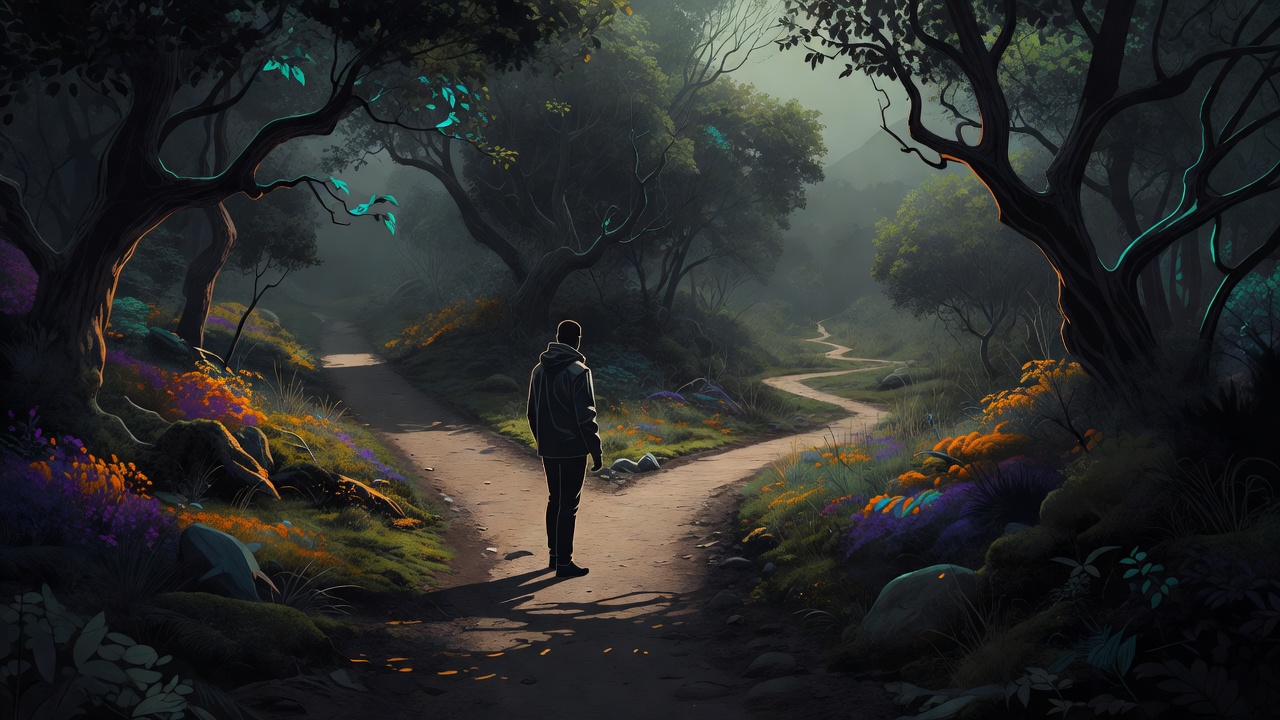 A single figure at a fork in a wooded trail choosing the fainter, unmarked path in soft light