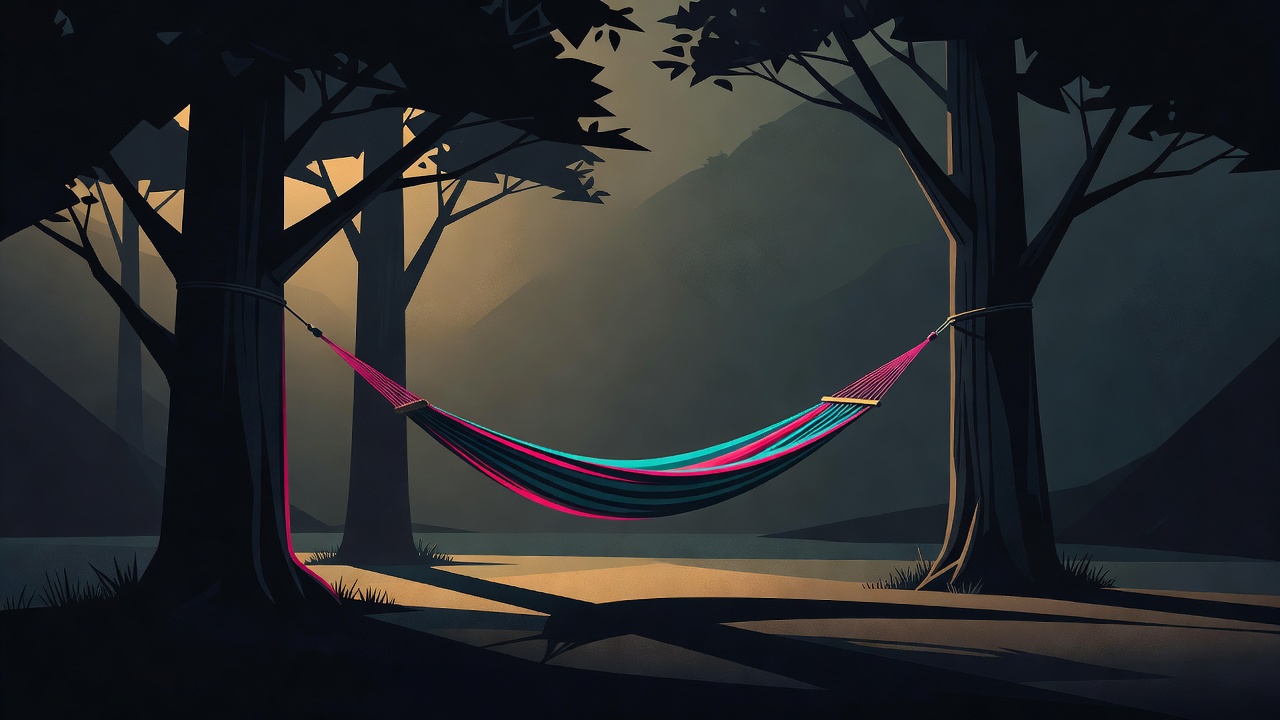 A hammock strung between two trees in quiet afternoon light