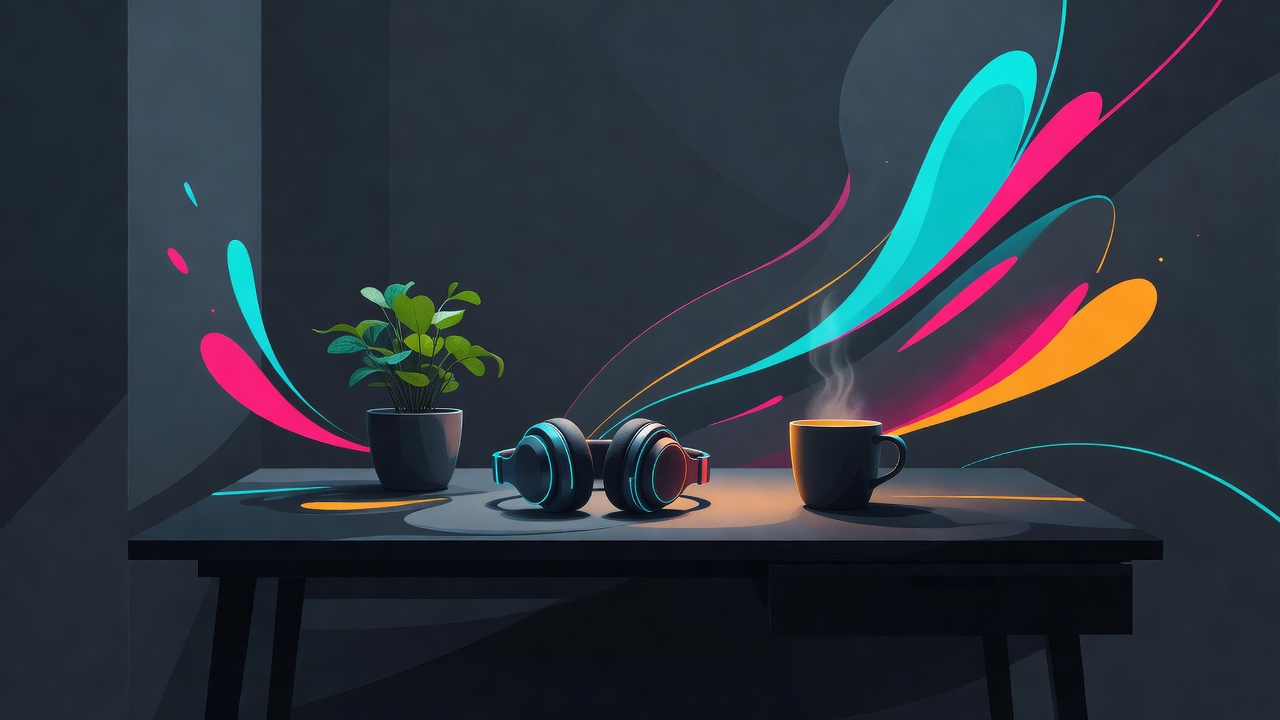 A bright desk with a plant, headphones, and a warm drink, work that looks inviting
