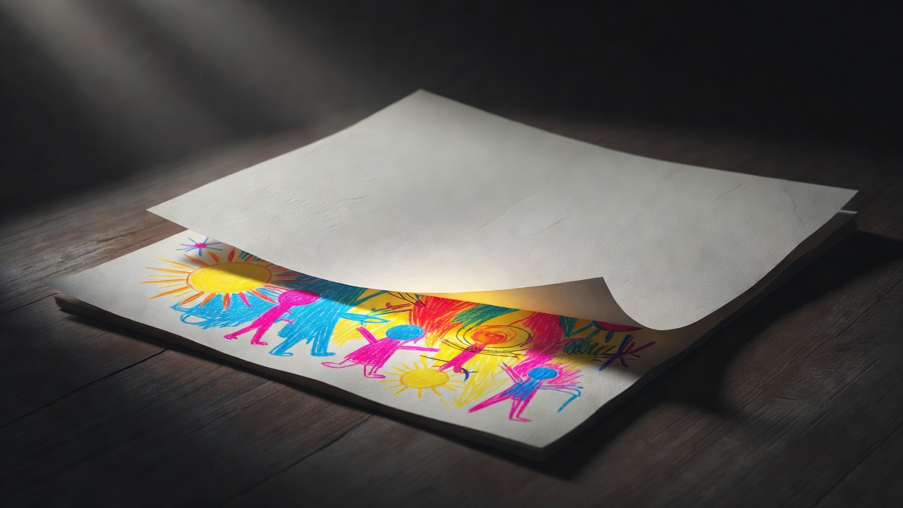 A child's drawing half-hidden under a blank sheet of paper