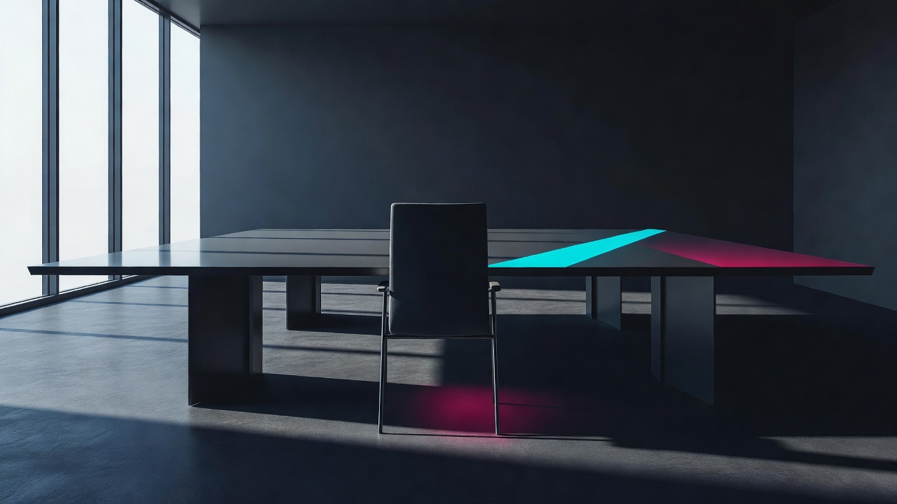 A single confident empty chair pulled up to the head of an empty conference table in bright daylight