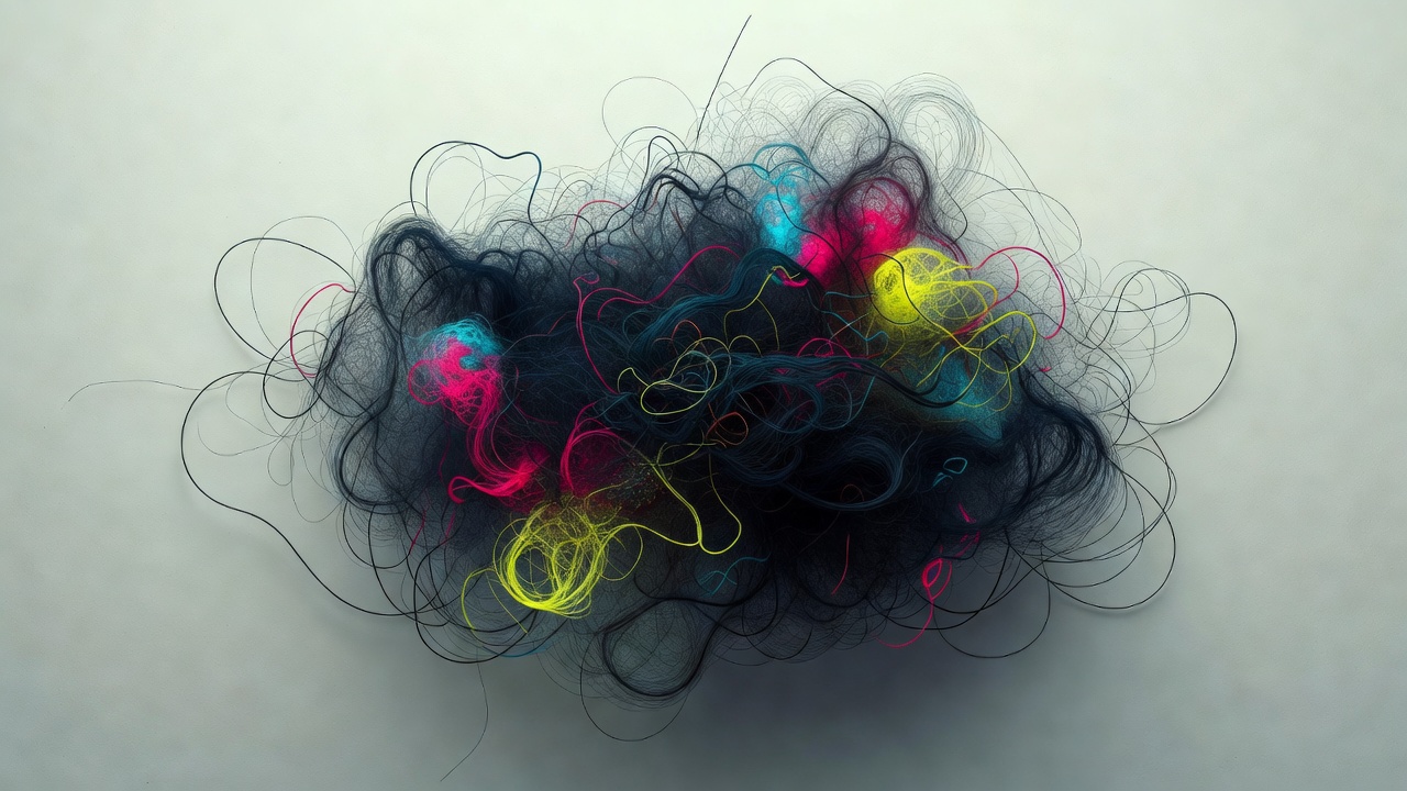 A tangle of thin threads knotted together in the middle against a pale plain background