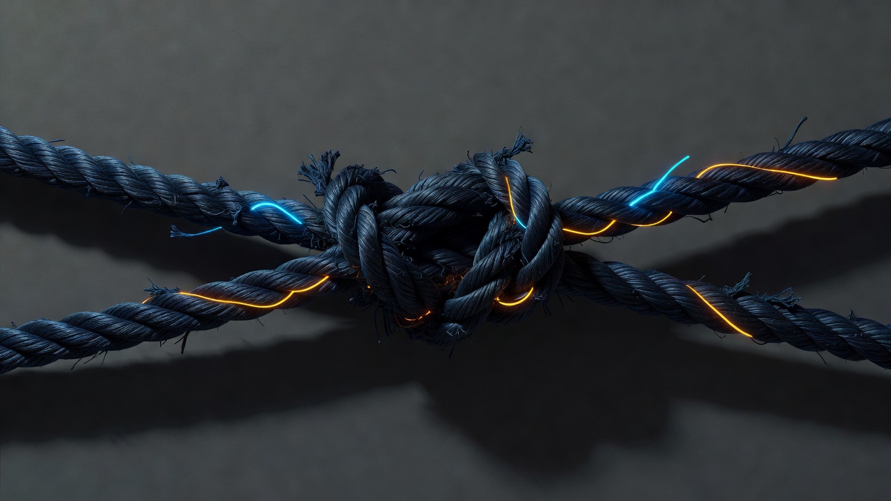 Two frayed ropes knotted tightly together in the center of a plain neutral background