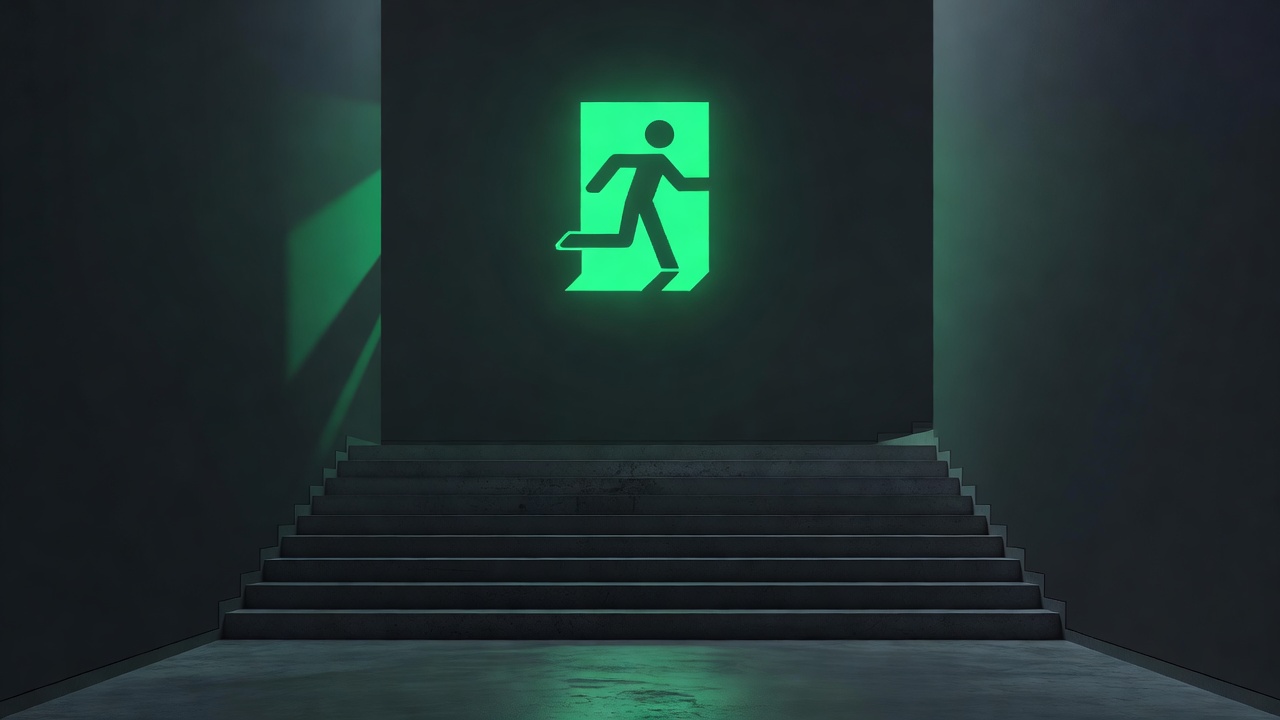 An exit sign glowing over a stairwell someone has clearly walked before