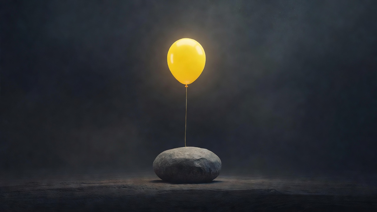 A bright yellow balloon tied to a heavy grey stone
