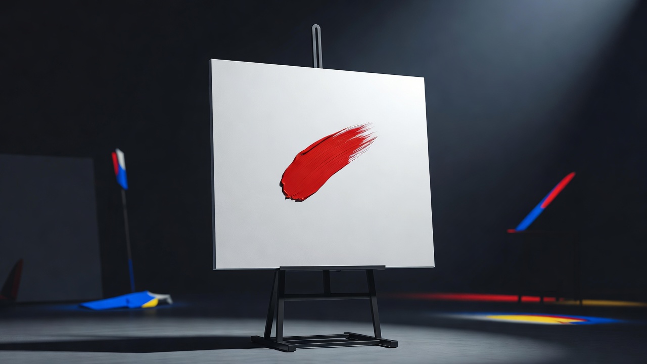 A blank canvas on an easel with the first brushstroke just laid down