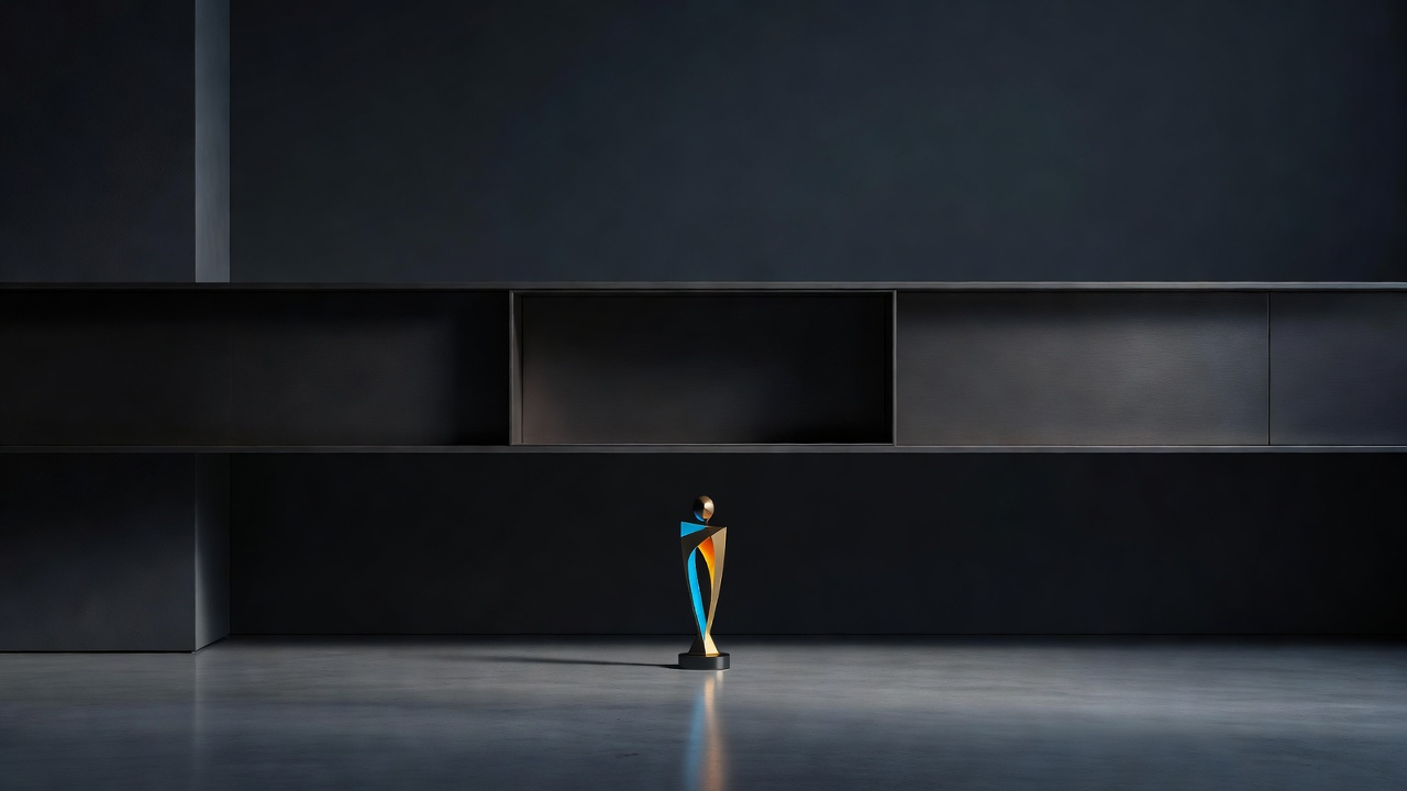 A trophy shelf with one empty space where a trophy has been quietly set down on the floor