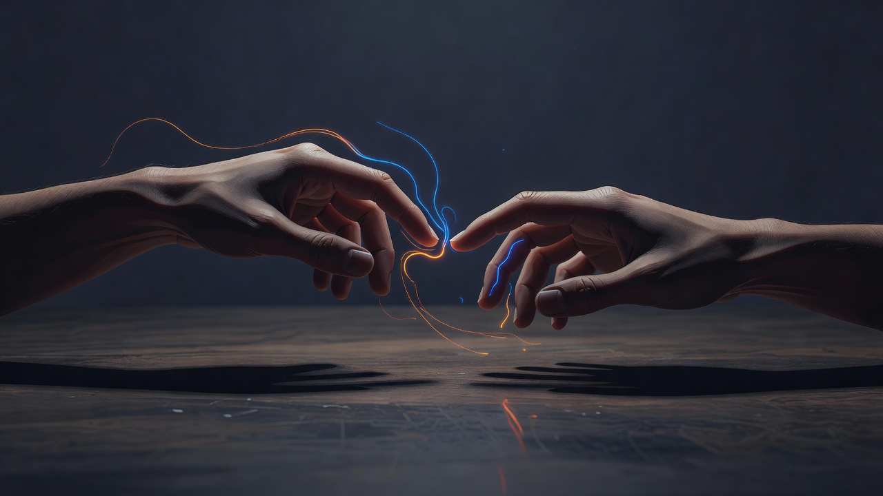 Two hands almost touching across a small gap on a wooden table in soft light