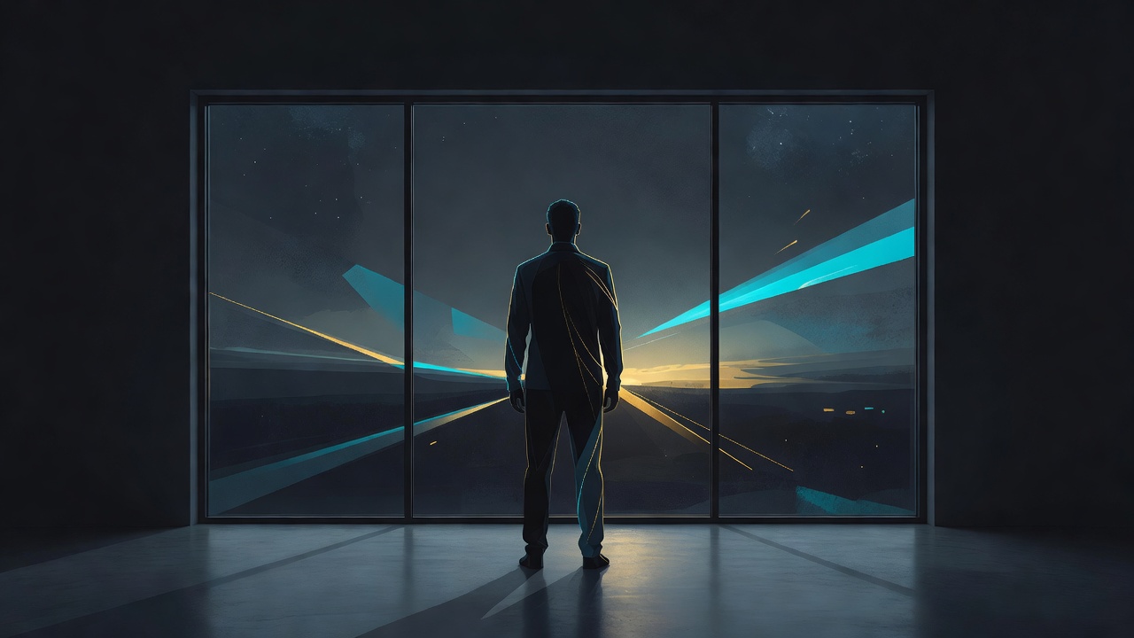 A person standing tall at a window before sunrise, shoulders squared