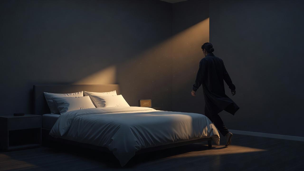 An alarm clock at dawn and a made bed, someone already up and moving in soft light
