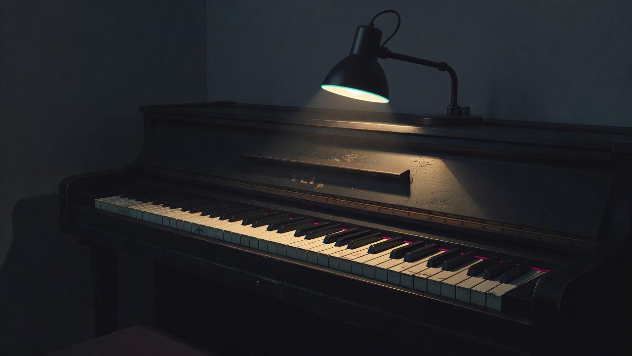 A single worn piano keyboard lit by a focused lamp in a dark room late at night