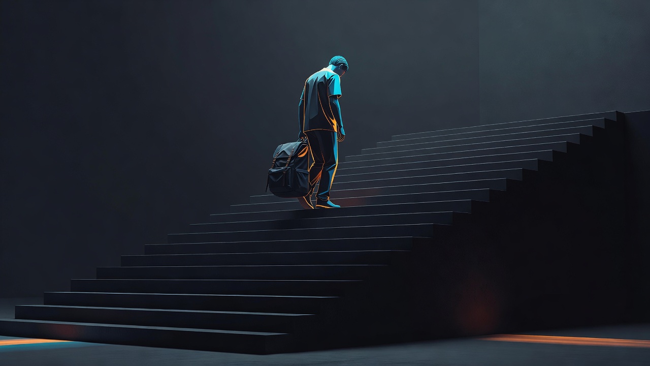 A person setting down a heavy backpack at the top of a staircase, shoulders easing