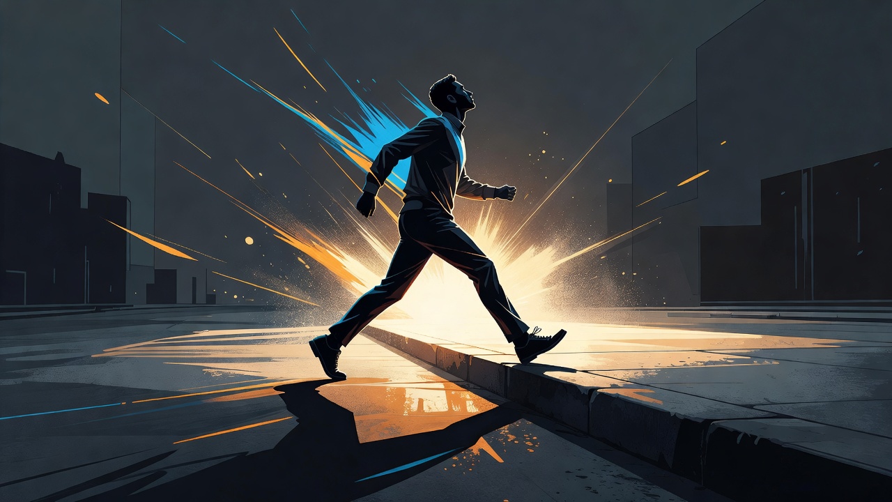 A person stepping forward off a curb into bright sun, chin up, mid-stride