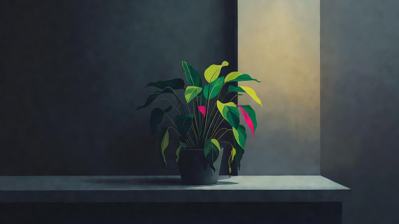 A single houseplant half in shadow and half catching returning light on a windowsill