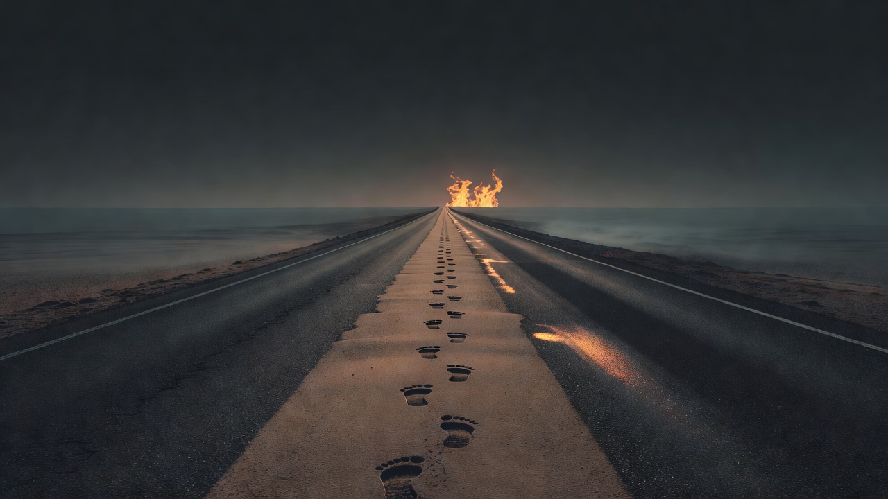 A single long straight road stretching to a distant horizon at dawn with fresh footprints continuing on