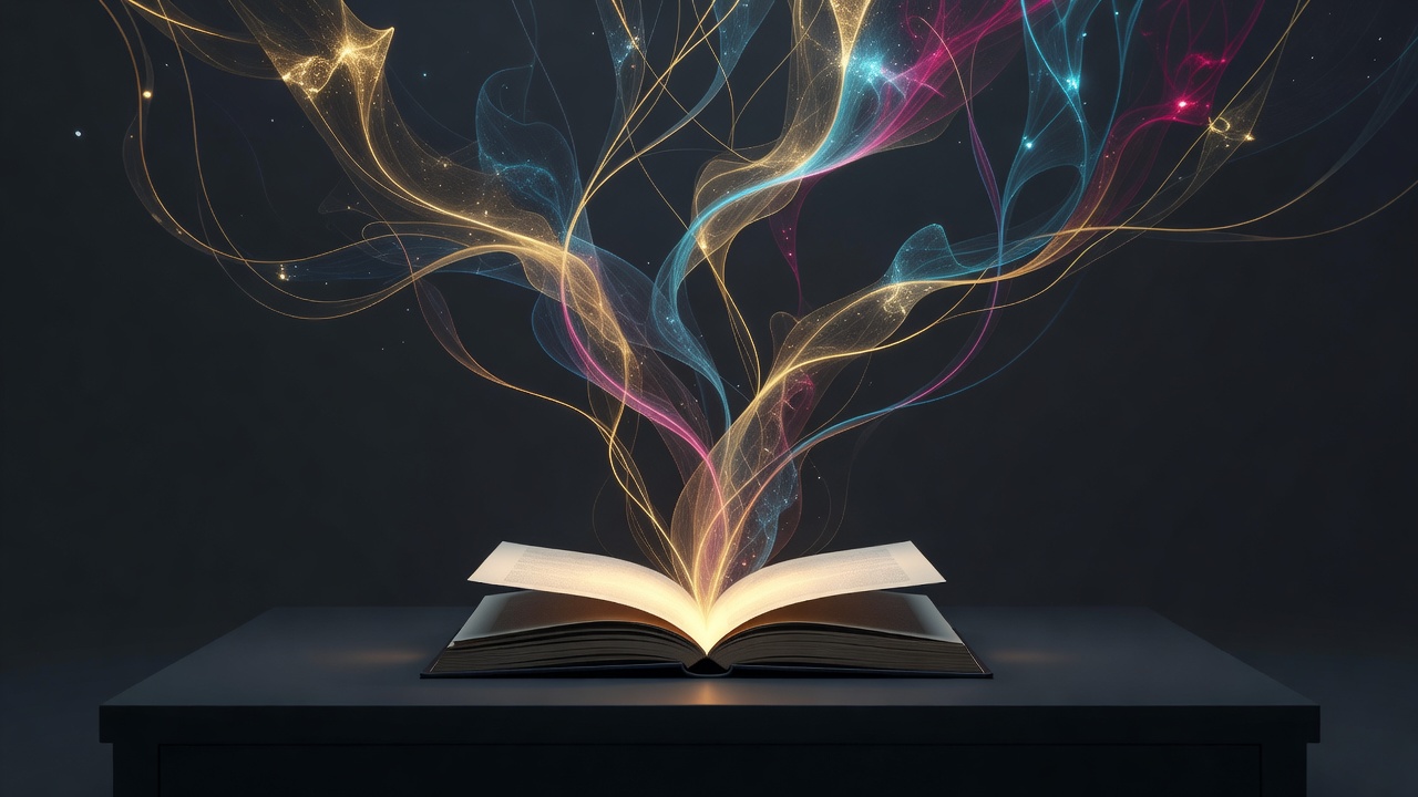 An open storybook with faint threads of light rising from the page into branching ideas