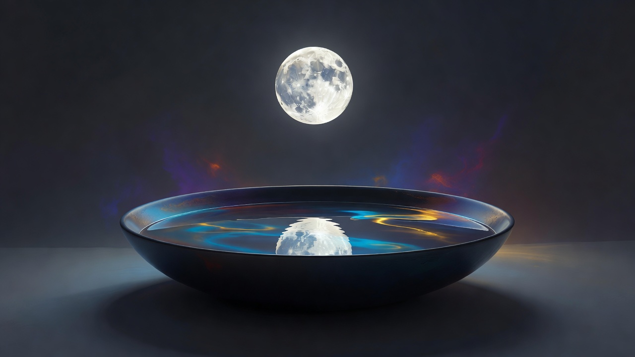 A full moon reflected in a still bowl of water