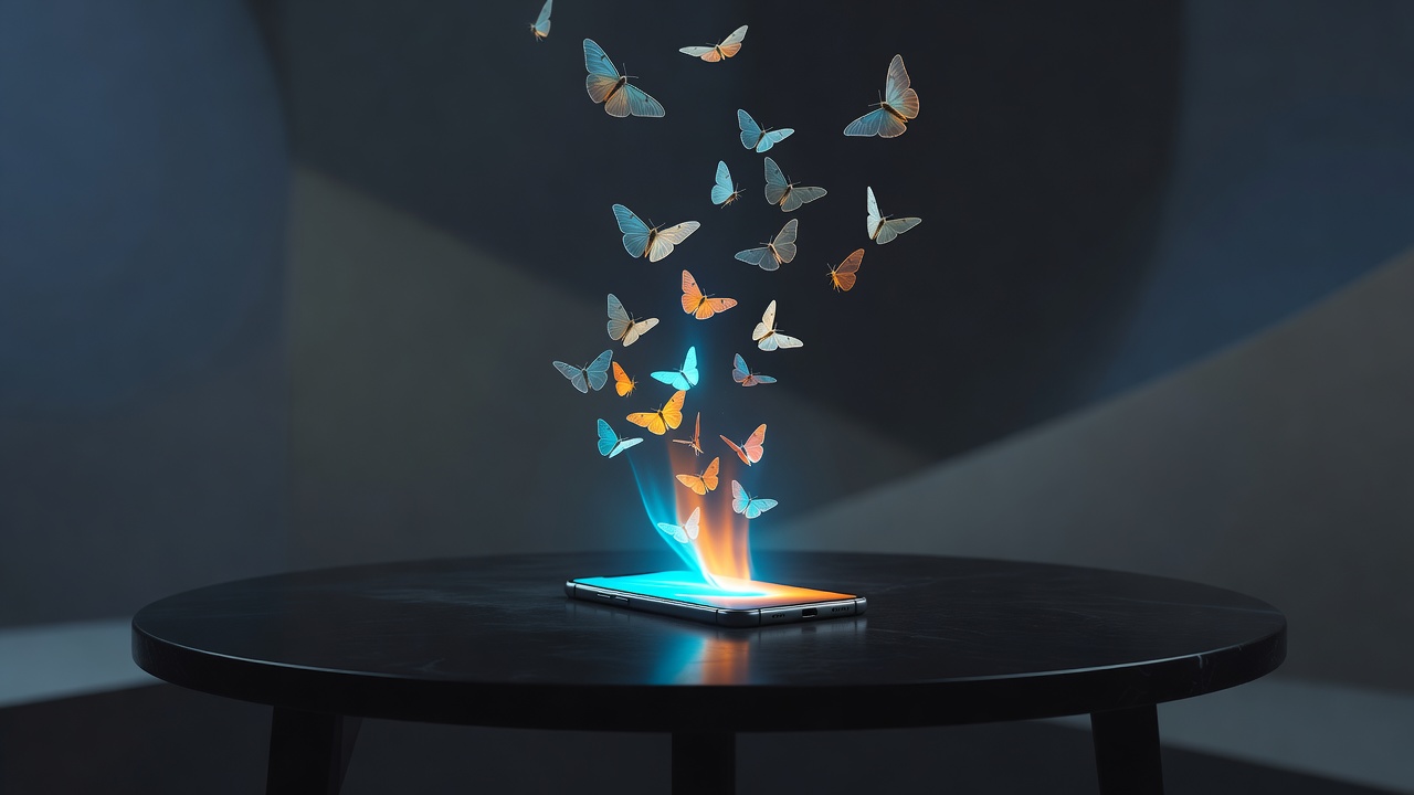A single glowing smartphone lying face-up on a dark table, casting light upward