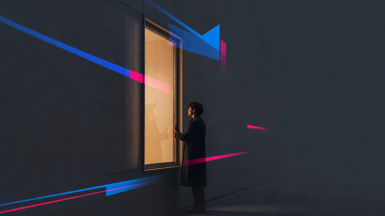 A person standing just outside a warmly lit window looking in