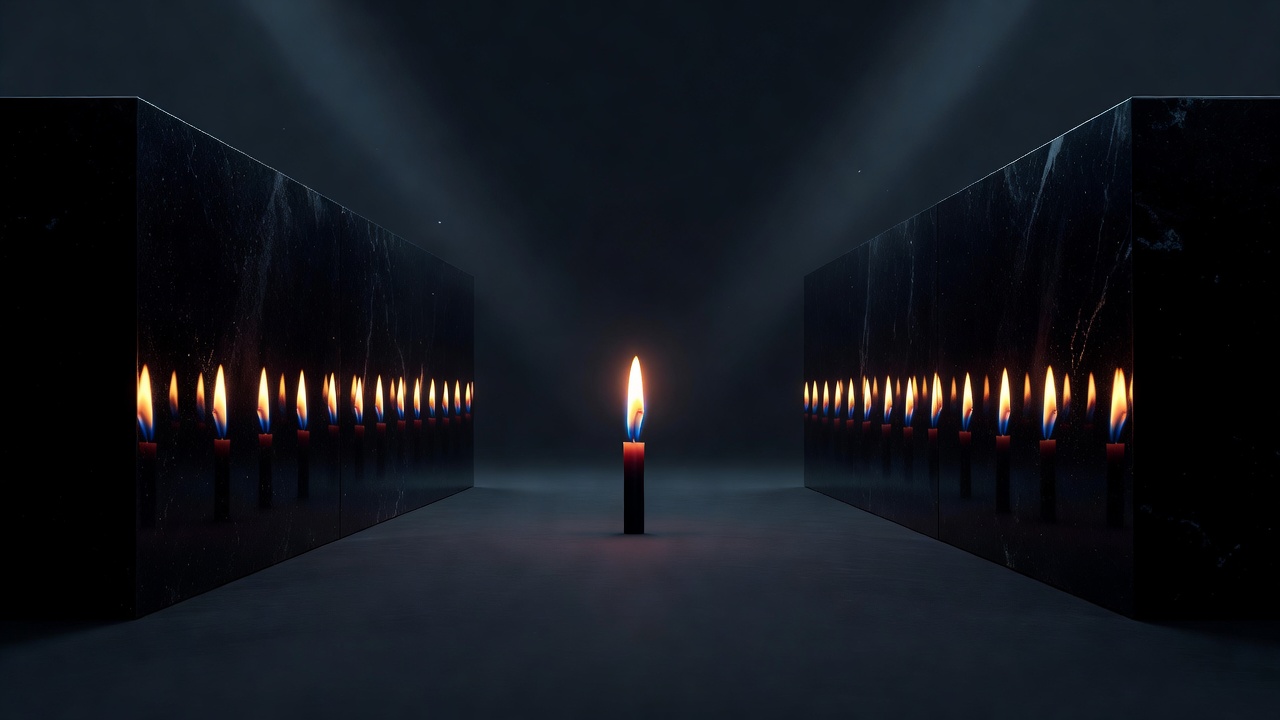 A single candle flame reflected endlessly between two facing mirrors