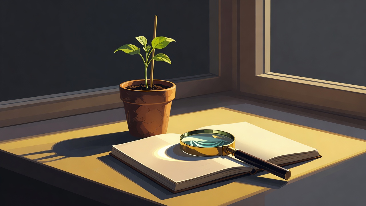A small potted seedling beside a notebook and a magnifying glass on a bright windowsill