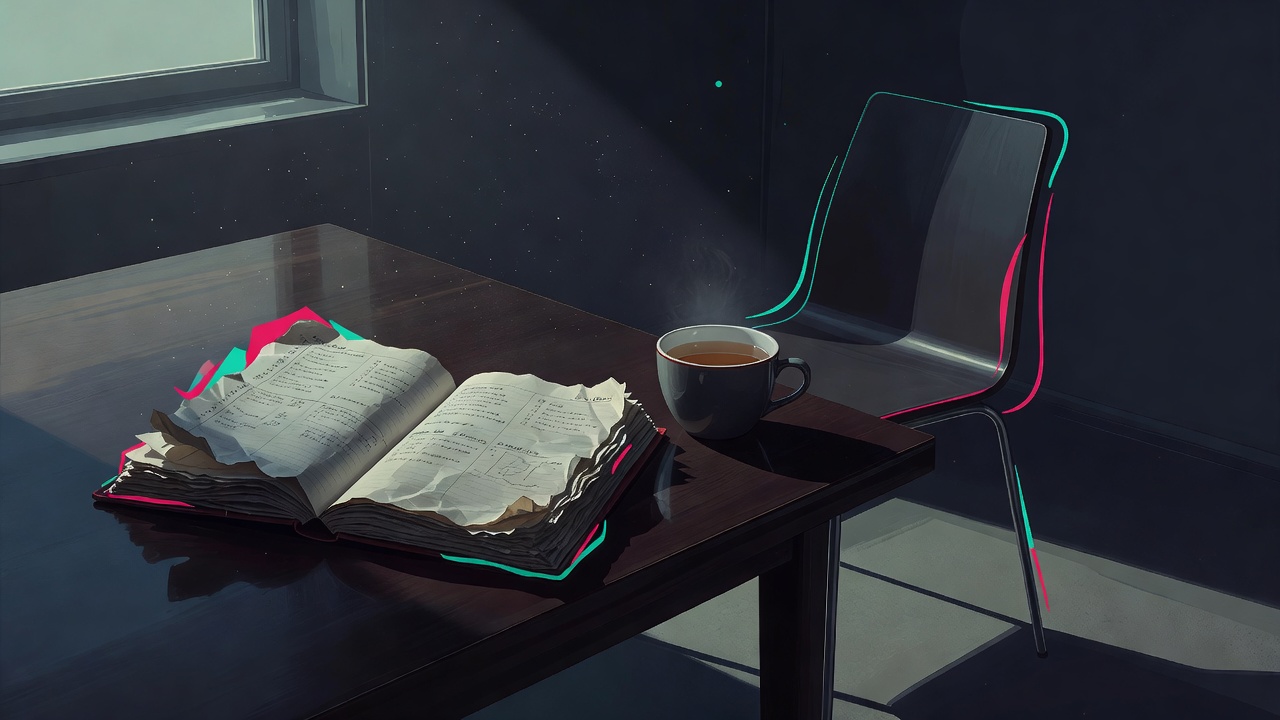 An overfull planner open on a table beside a cup of tea going cold, a chair pushed back