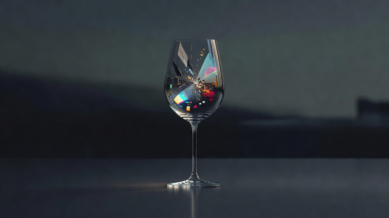 A single wine glass with the reflection inside it not matching the glass