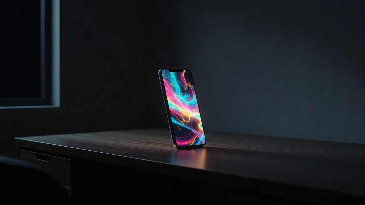A phone glowing on a desk in a dim room at night