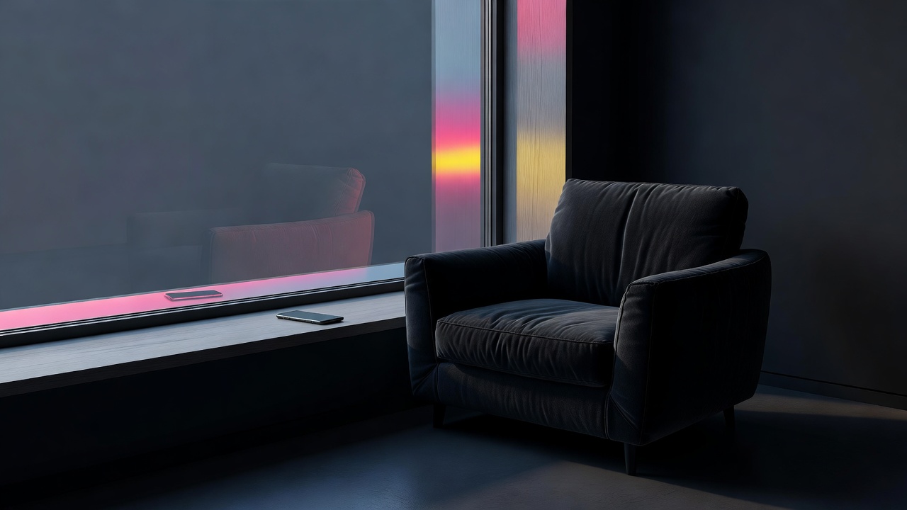 An empty chair by a window at dawn, a phone left face-down on the sill
