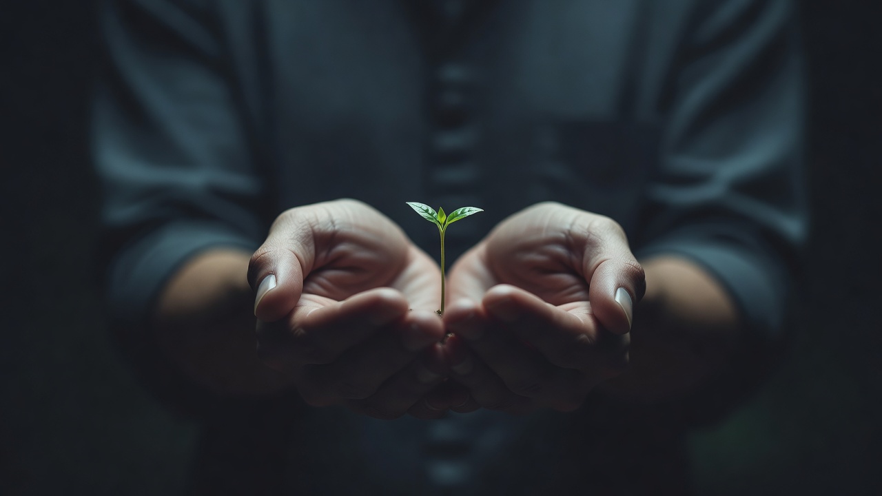 Cupped hands holding a small green seedling in soft light