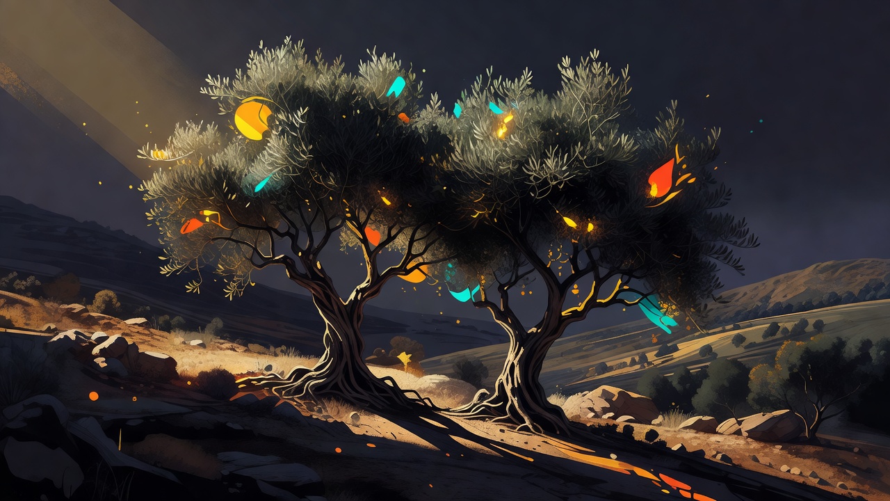 Two olive trees growing close together on a sunlit hillside