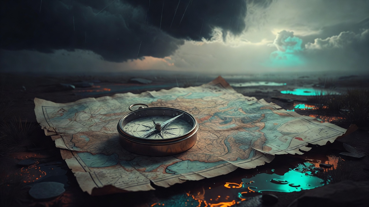 A compass needle on a worn map pointing toward a horizon lightening after rain