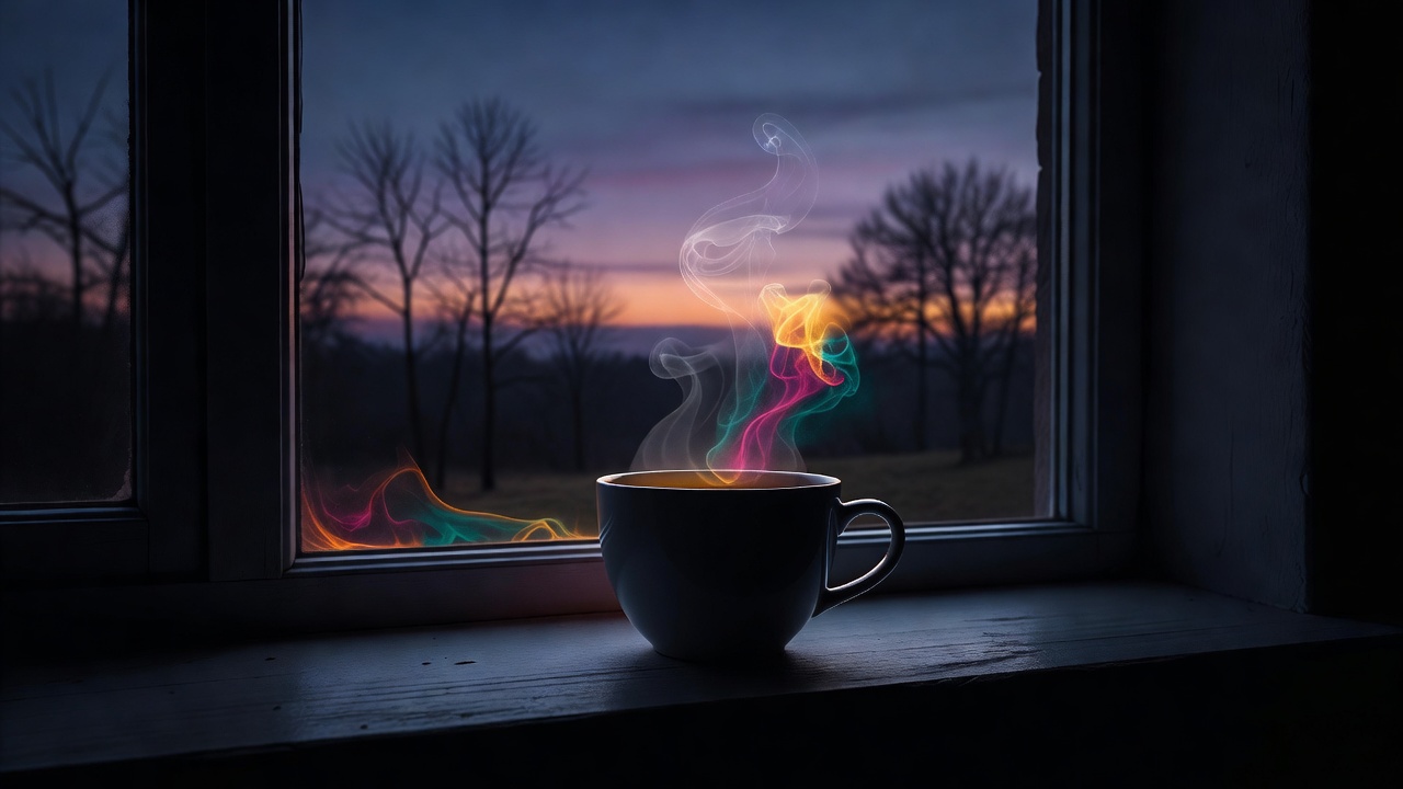 A single cup of tea on a windowsill with a calm view of bare trees at dusk
