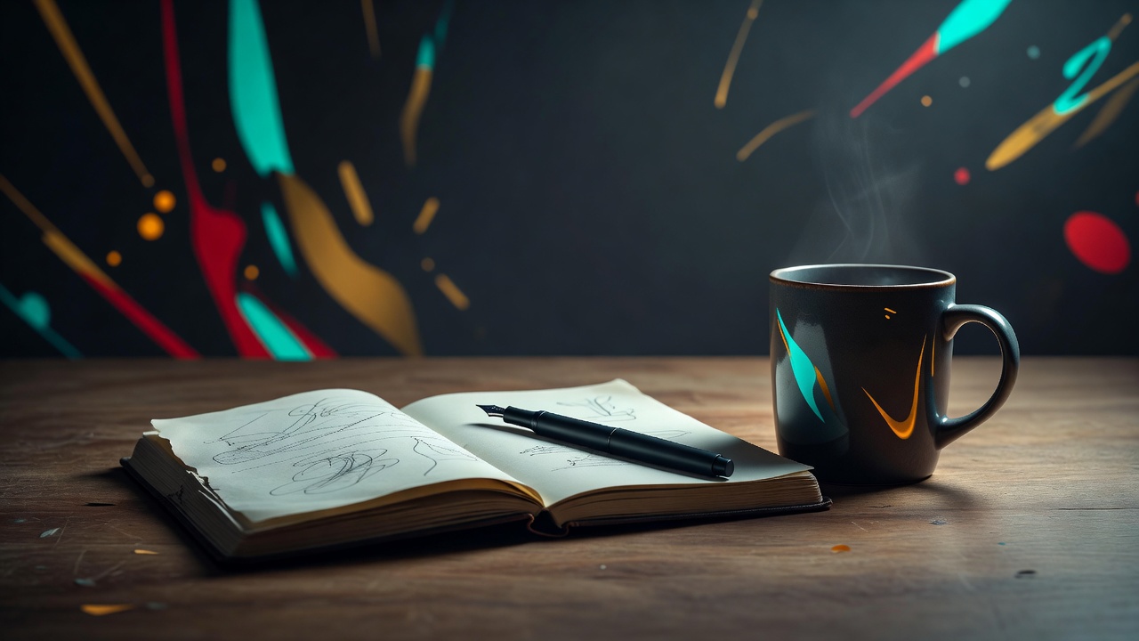 A well-used notebook open on a desk, a pen resting mid-page, morning routine implied