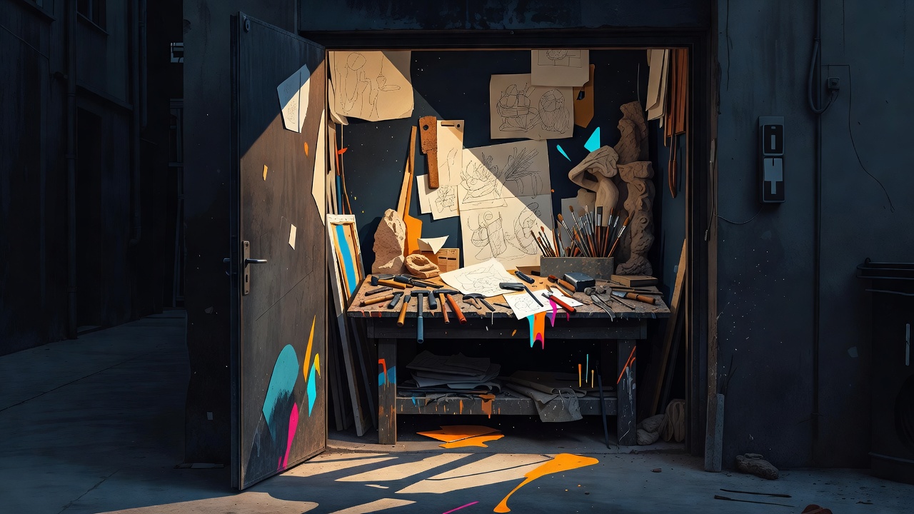 An open studio door with a workbench visible, tools and sketches left out for anyone to see