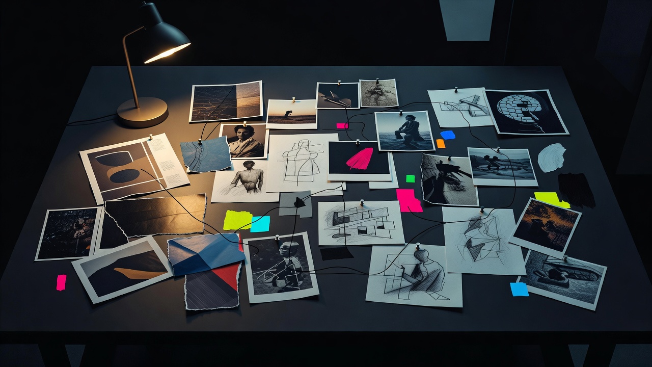 A desk covered in clippings, sketches, and pinned images being combined into something new