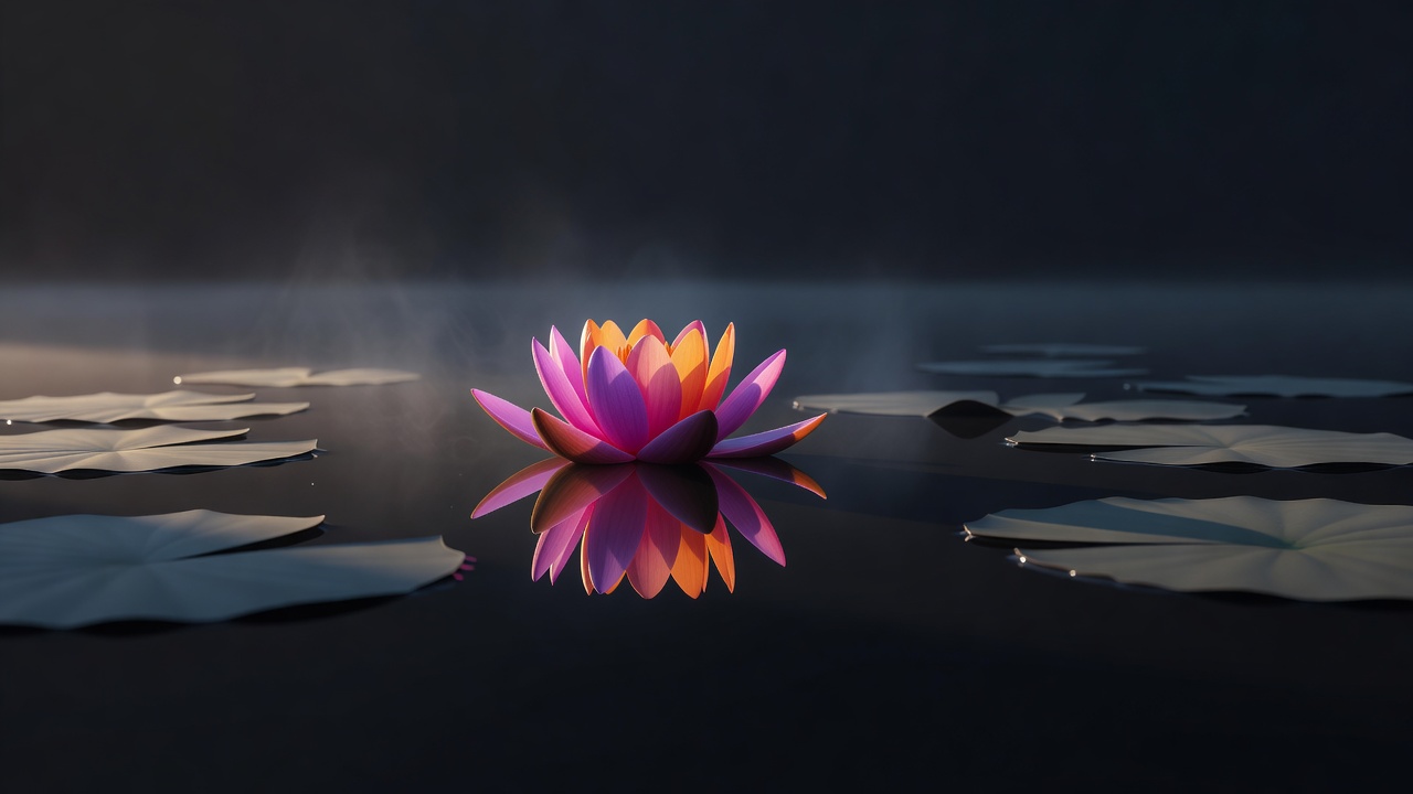A water lily opening on a still pond in warm morning sunlight