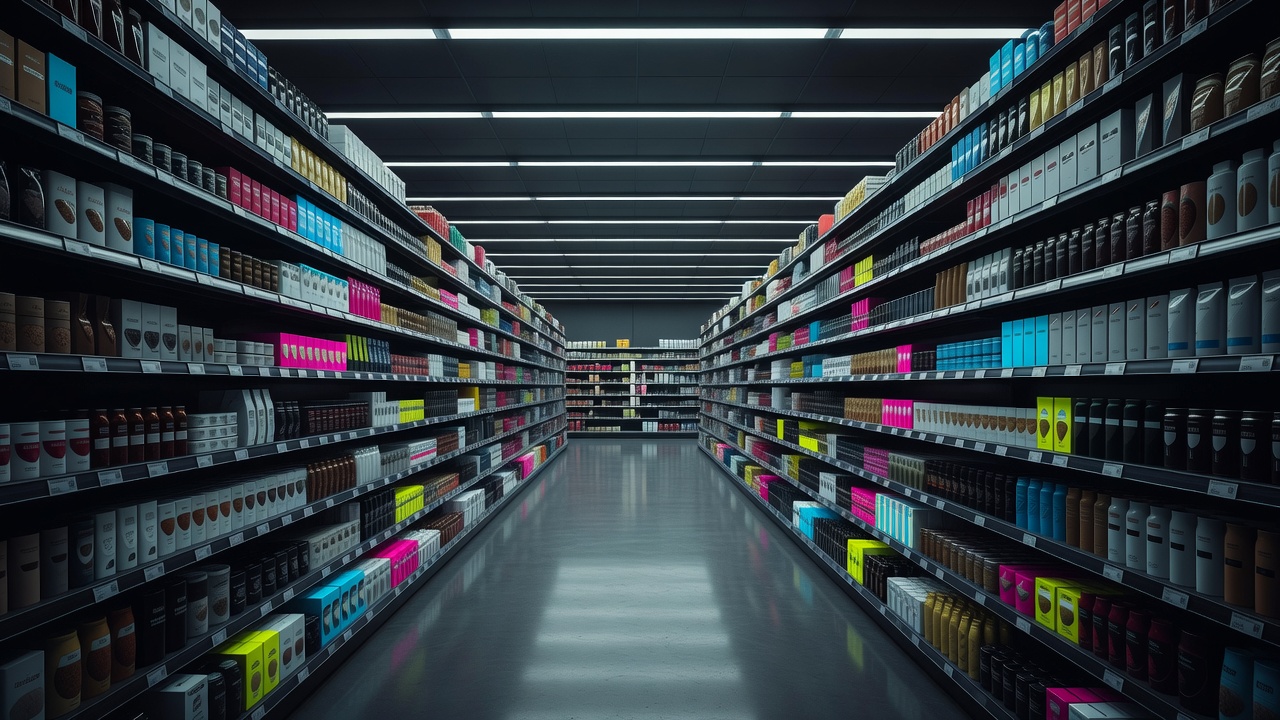 A long supermarket aisle stretching into the distance lined with identical products
